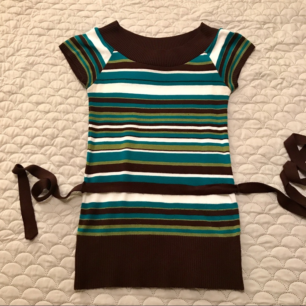 BCX Short-Sleeve Multicolor Striped Sweater Top w/ Optional Tie Belt; Size Small